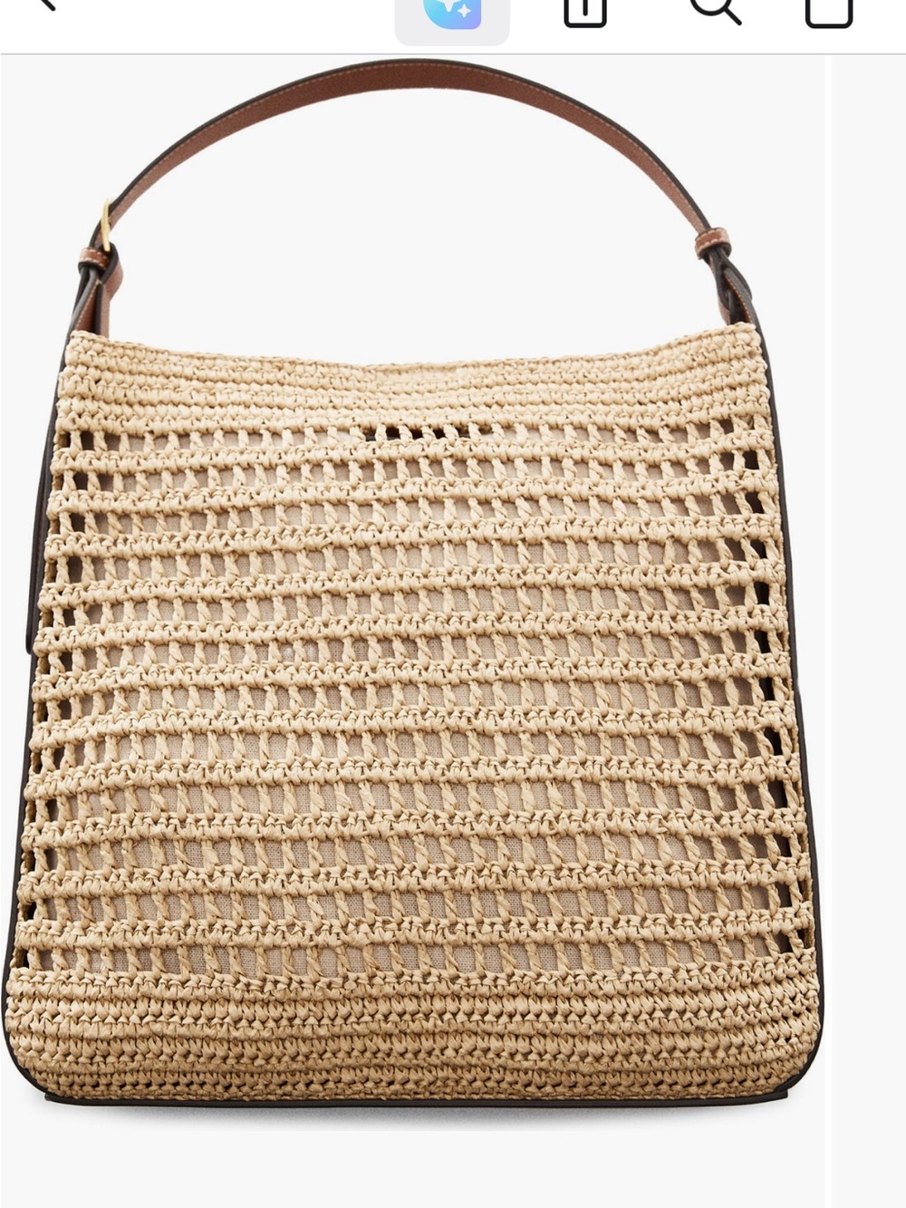 Mango Natural Raffia Shoulder Bag with Brown Leather Trim